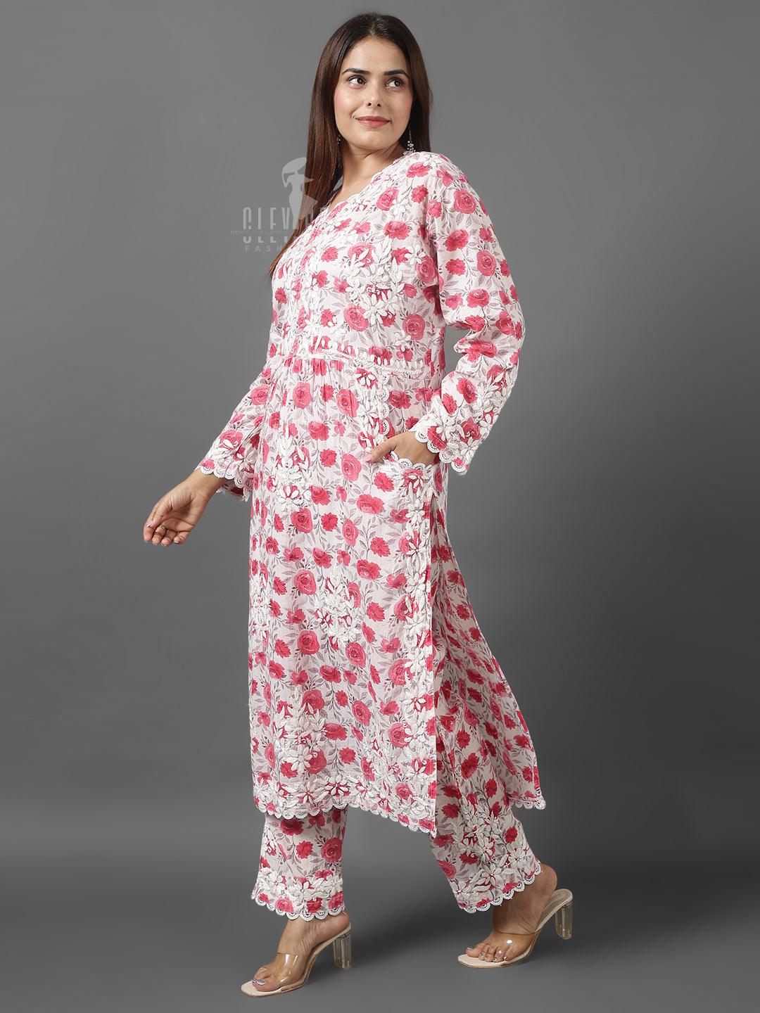 Chikankari Mul Cotton | Printed Set With Pockets - Clevibe Fashions