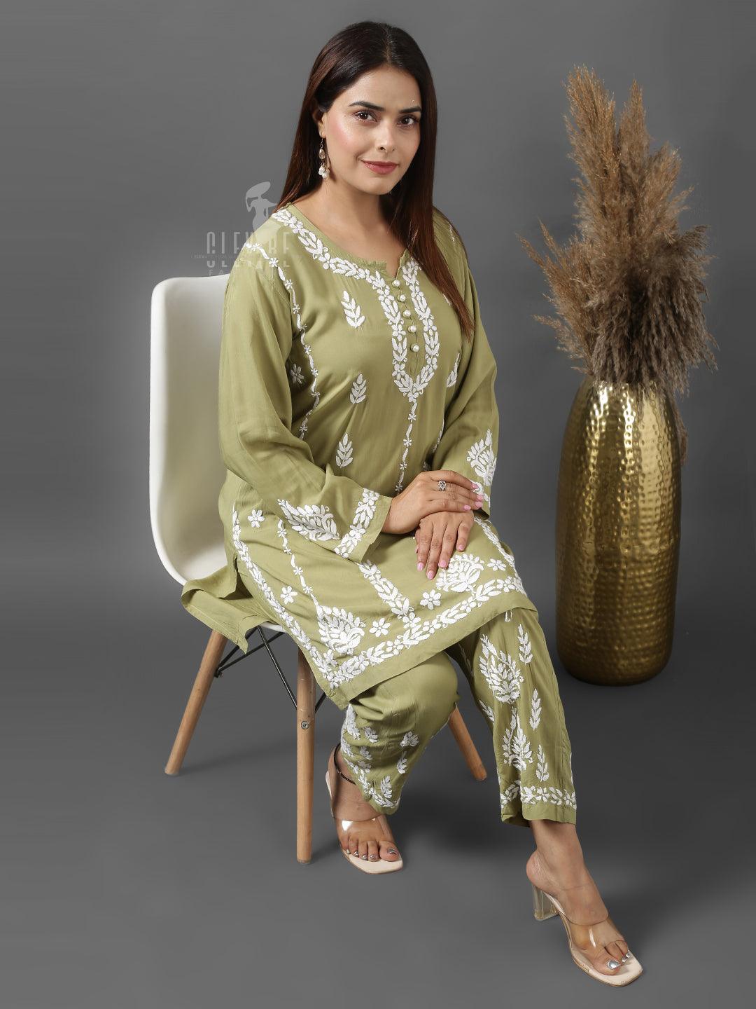 Chikankari Modal Cotton Kurta Set With Pant - Clevibe Fashions