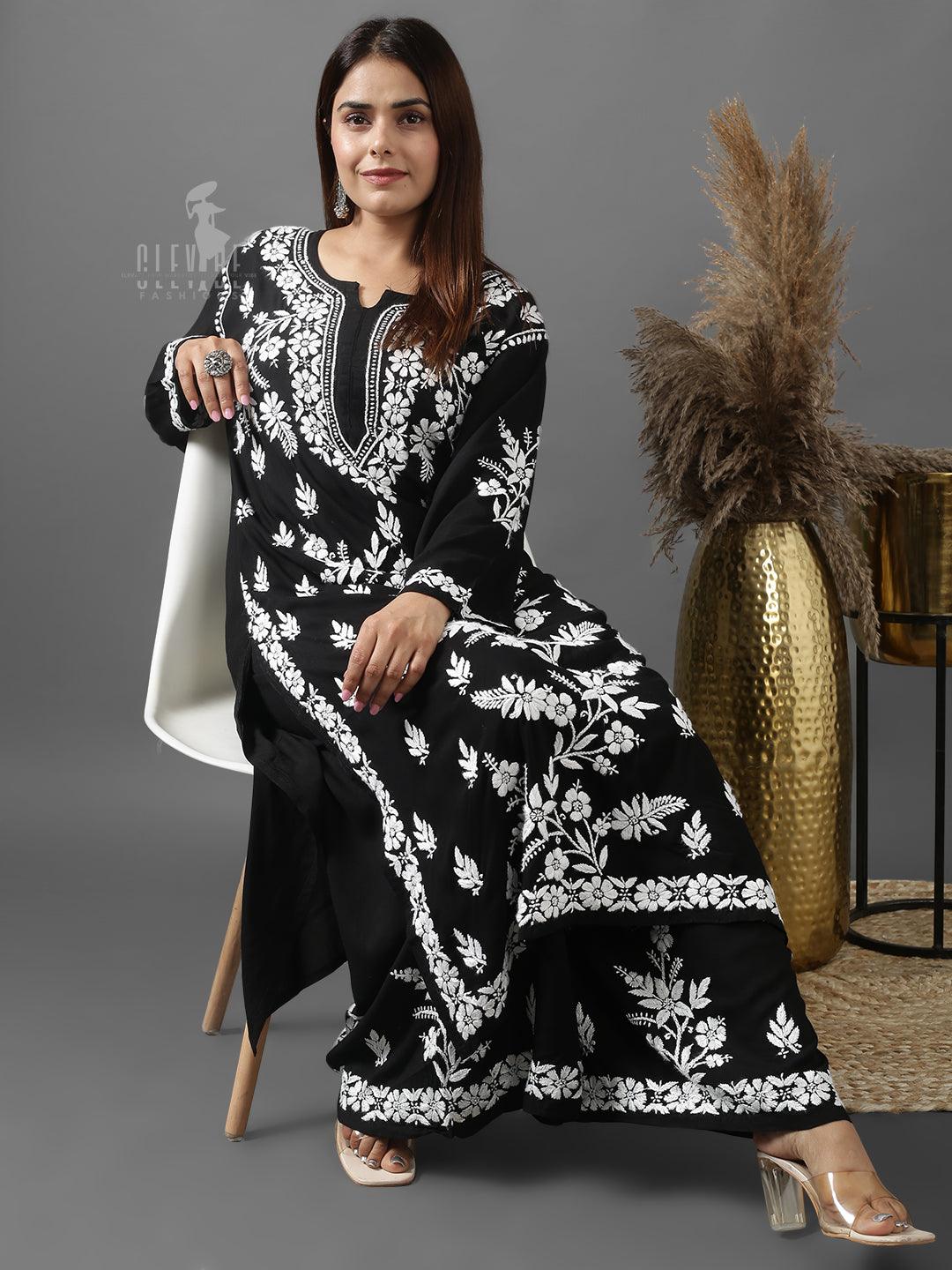 Chikankari Modal Kurta Set With A-Line Palazzo - Clevibe Fashions