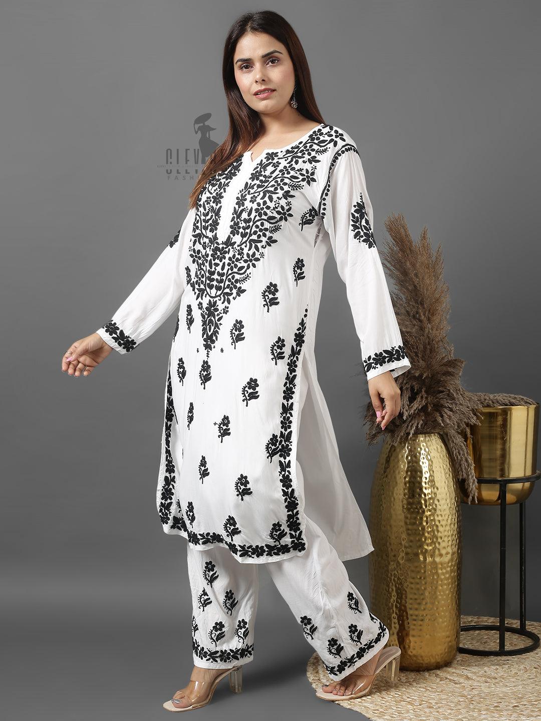 Chikankari Modal Cotton | Kurta Set With Straight Plazo - Clevibe Fashions